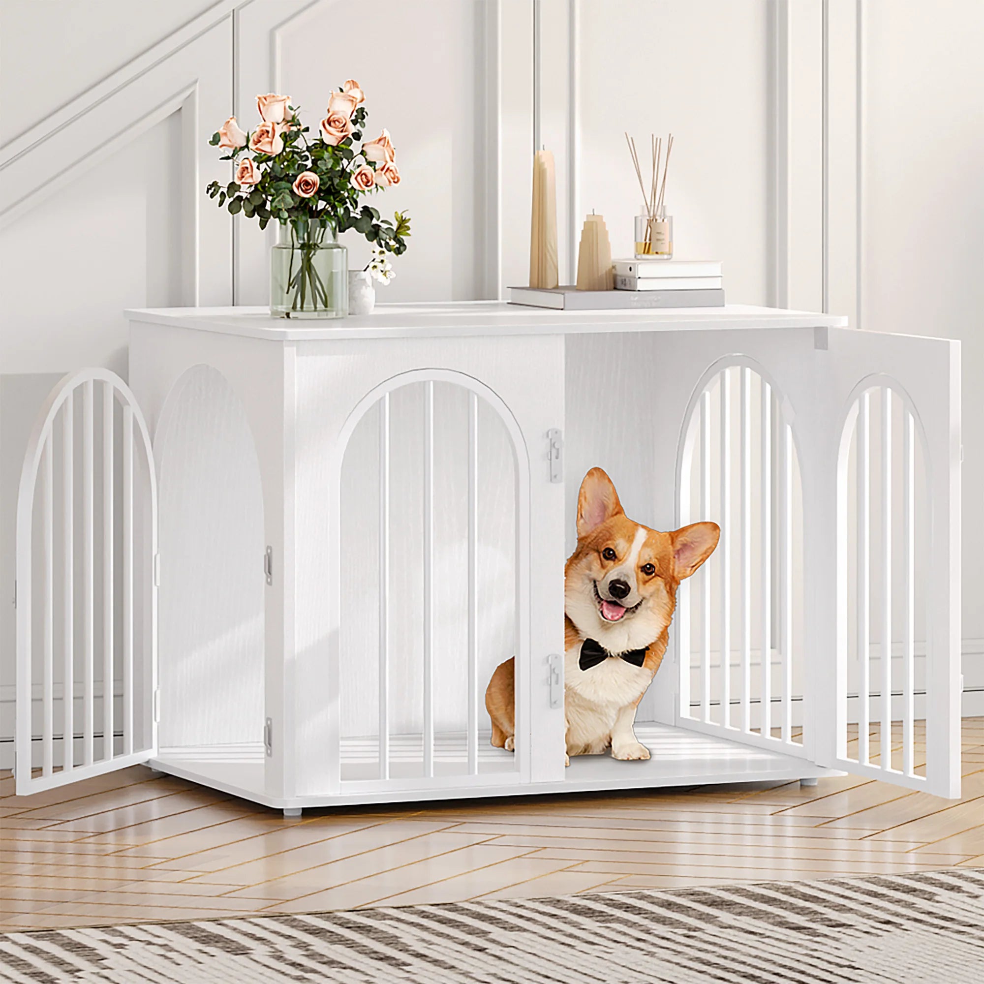 Klatka kennelowa  – mebel 2w1 z łukowymi drzwiami